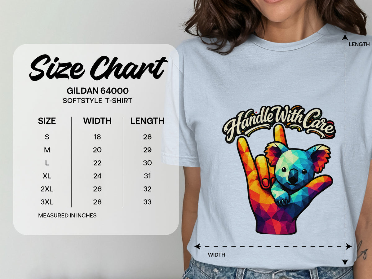 Gildan 64000 Softstyle T-Shirt size chart showing width and length measurements in inches.