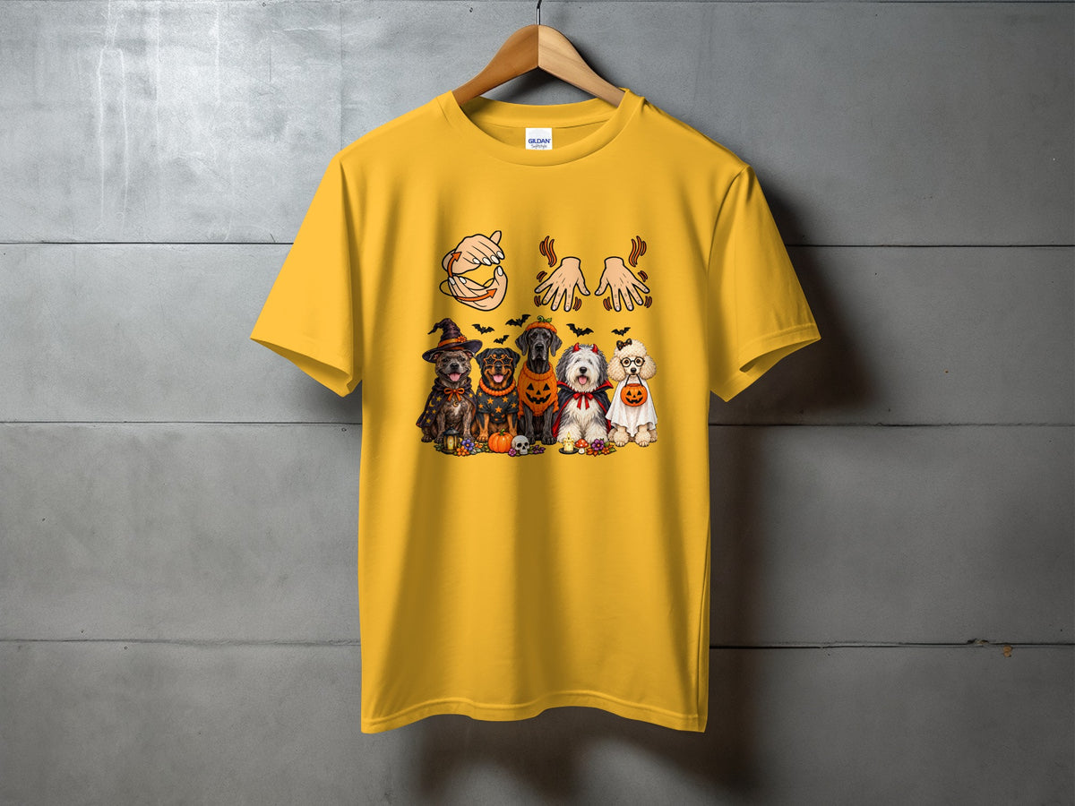 Yellow t-shirt with dogs in Halloween costumes, pumpkins, and bats graphic.