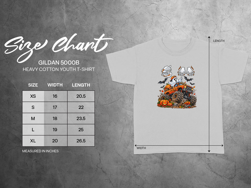 Gildan 5000B youth t-shirt size chart with Halloween monster truck graphic.