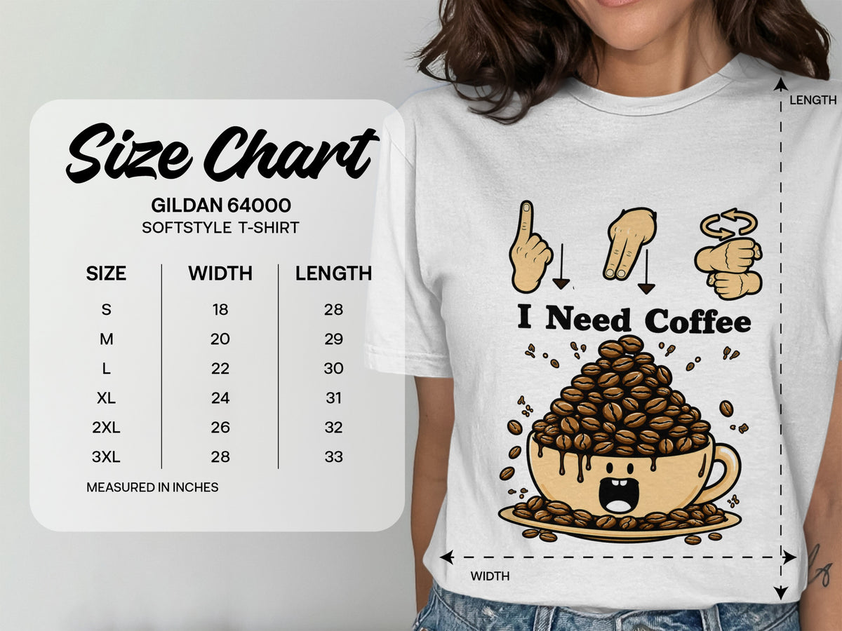 Gildan 64000 Softstyle T-Shirt size chart with width and length measurements in inches.