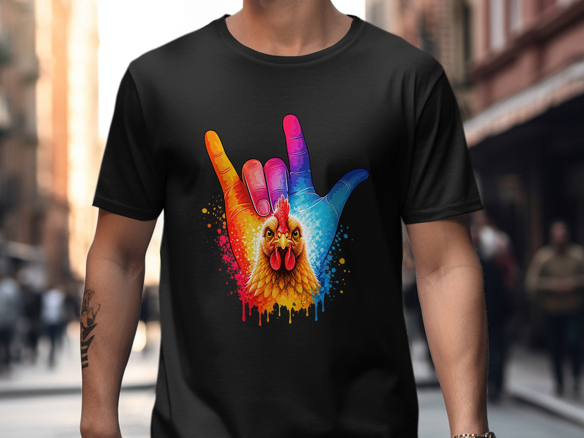 Black t-shirt featuring a rainbow-colored hand gesture with a chicken's head.