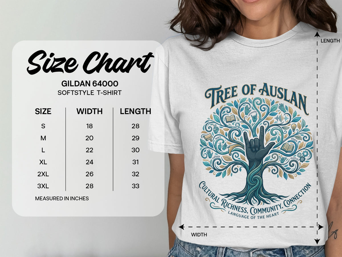 Gildan 64000 Softstyle t-shirt size chart with ASL tree graphic.