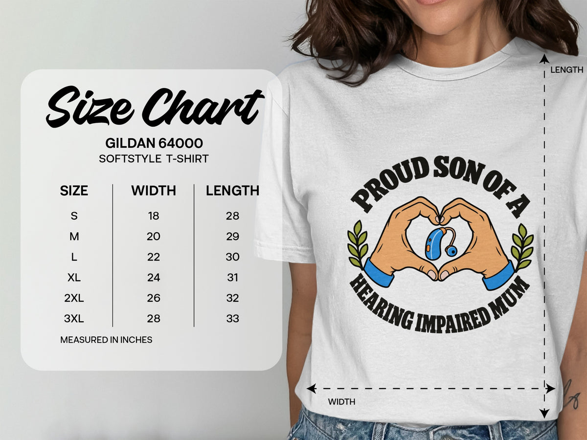 Gildan 64000 Softstyle t-shirt size chart with width and length measurements.
