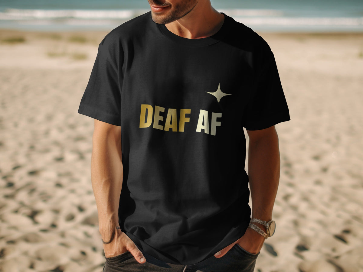 Black t-shirt with "DEAF AF" in gold and white text and a star design.
