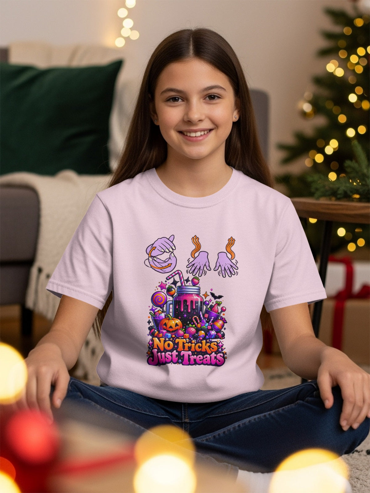 T-shirt with "No Tricks Just Treats" Halloween graphic and spooky candy illustrations.