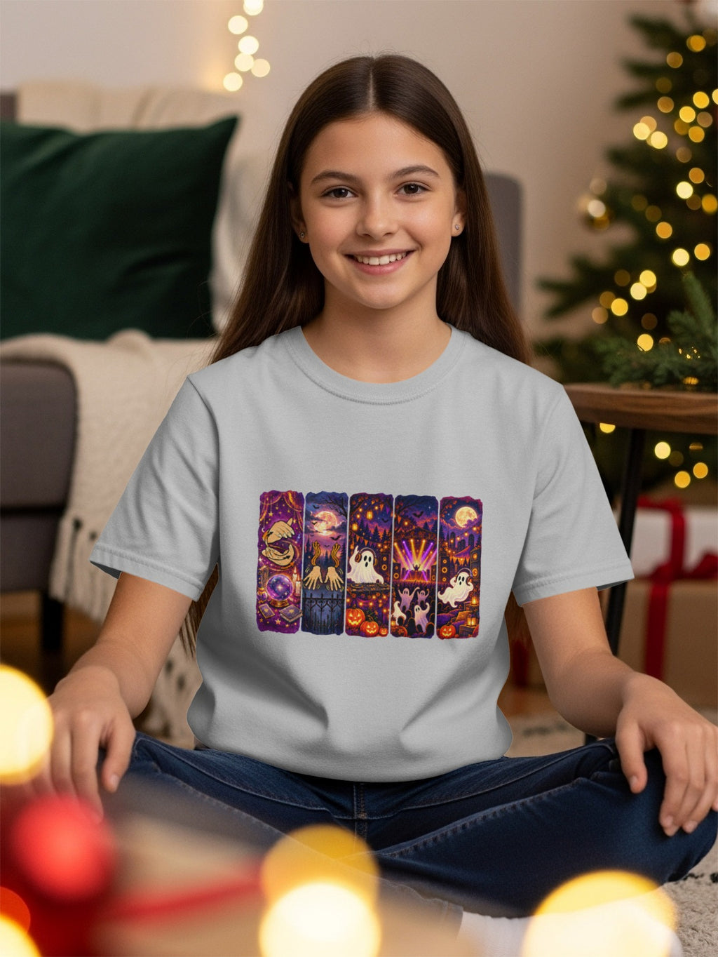 Grey t-shirt with Halloween-themed vertical panels featuring ghosts, pumpkins, and moonlit scenes.