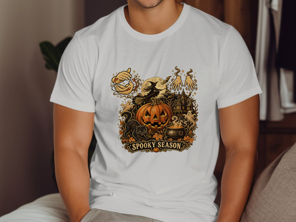 Halloween graphic with pumpkin, witch, haunted house, and "Spooky Season" text.