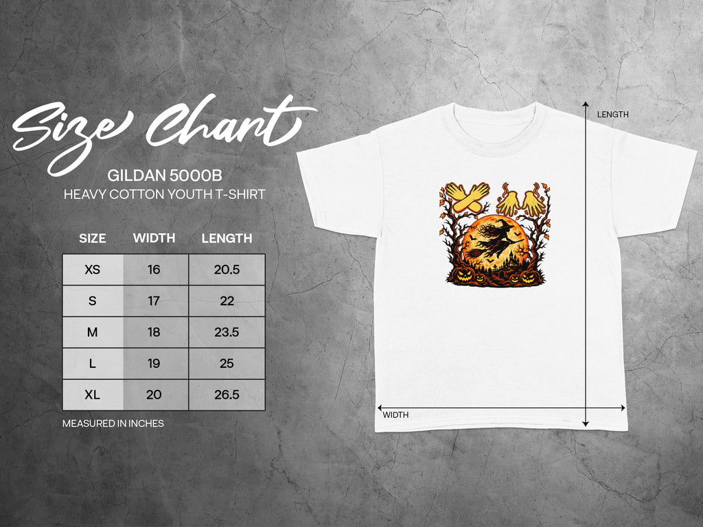 Gildan 5000B youth t-shirt size chart with Halloween graphic.