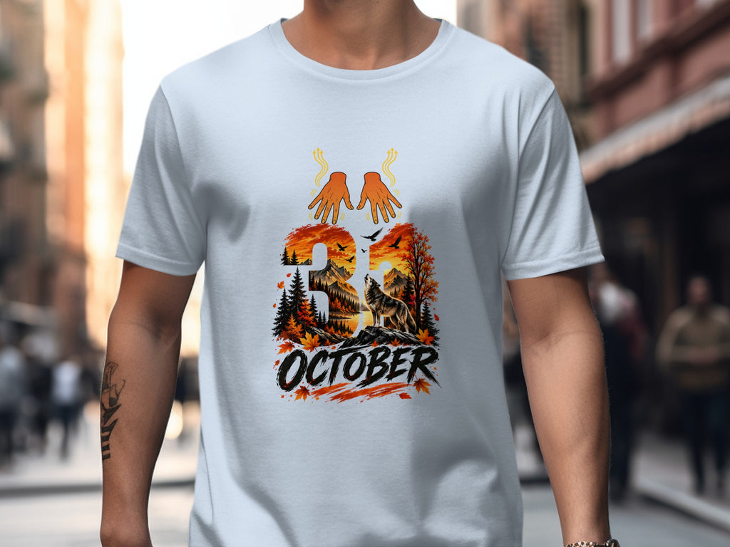 T-shirt graphic with wolf, mountains, autumn trees, and "31 OCTOBER" text.