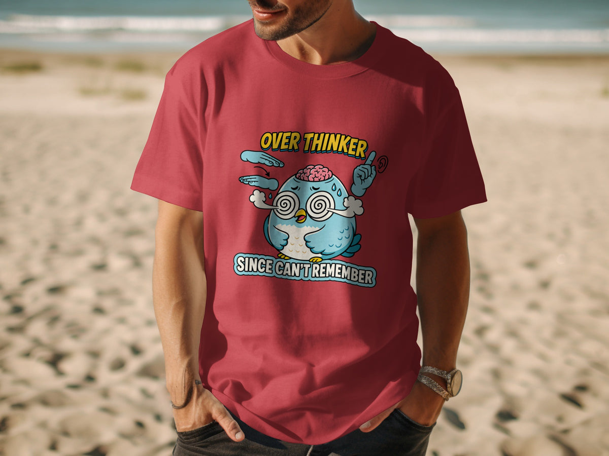 Red t-shirt with a blue cartoon owl graphic reading "OVER THINKER SINCE CAN'T REMEMBER".