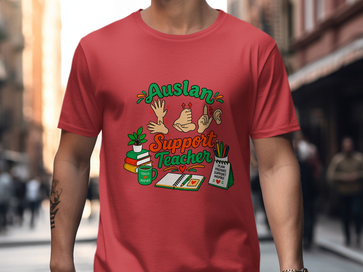 Auslan Support Teacher t-shirt with ASL hands, books, and notepad.