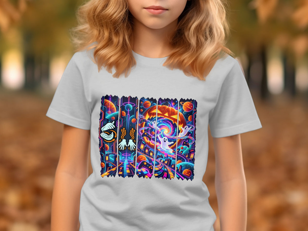 White t-shirt with a colorful, neon-style graphic featuring pumpkins, ghosts, and video game controllers.
