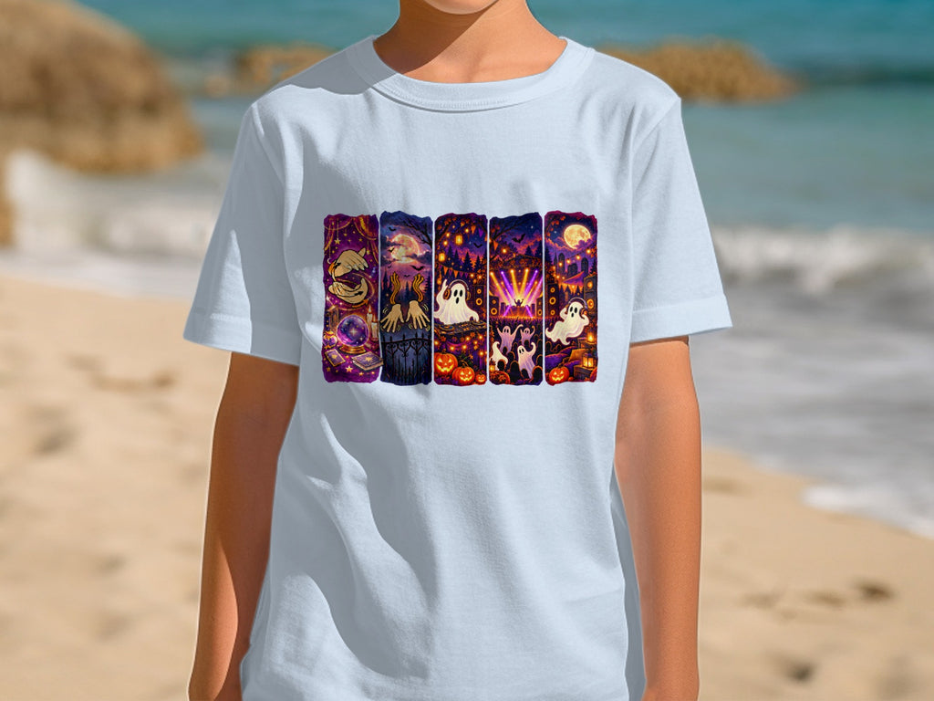 Light blue t-shirt featuring a row of Halloween-themed illustrations with ghosts and pumpkins.