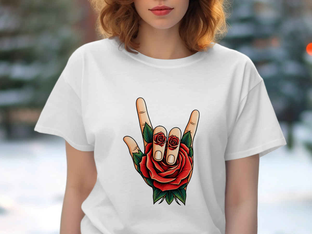 White t-shirt featuring a rock hand gesture with roses and green leaves.