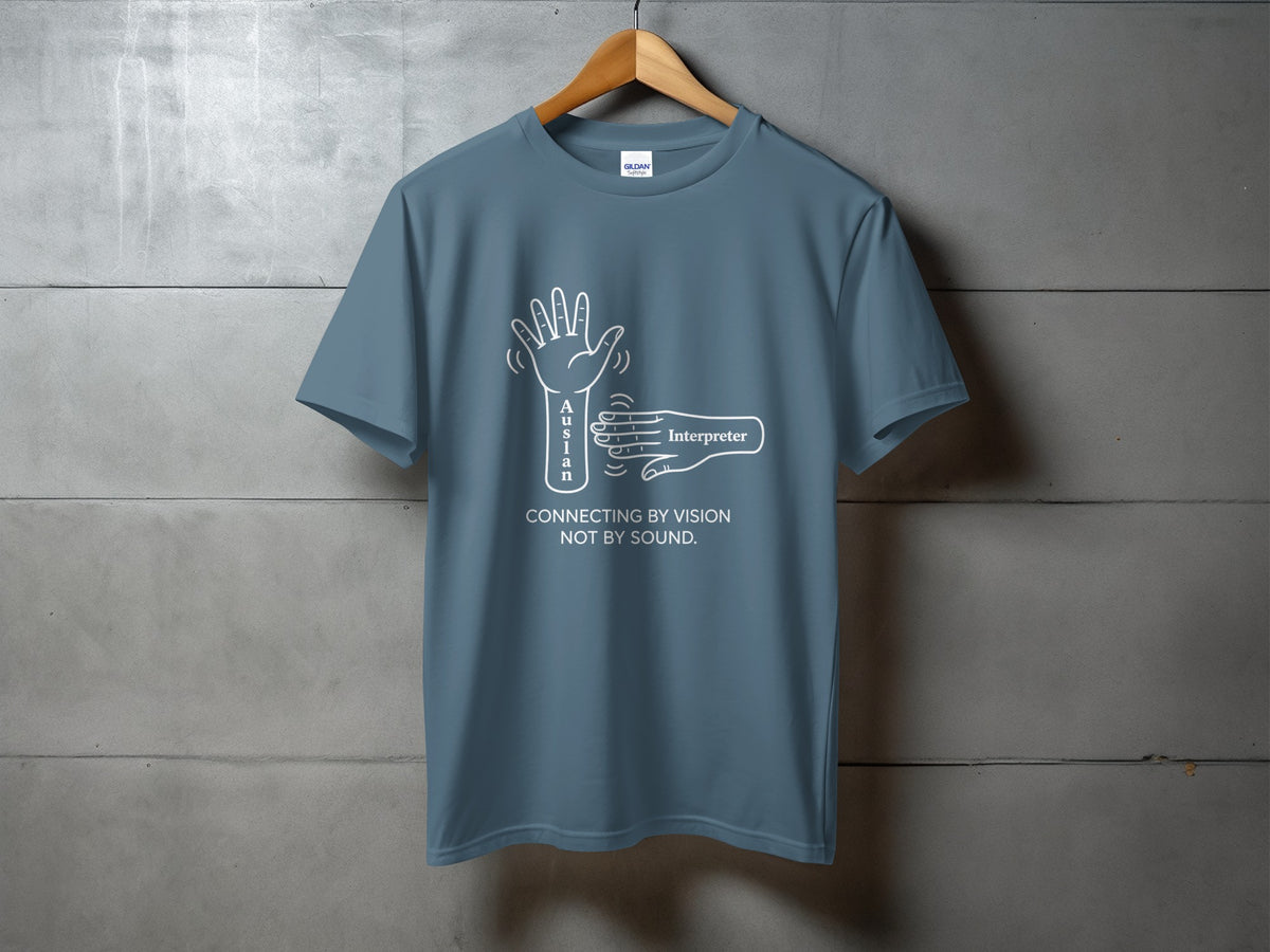 Blue t-shirt with white line art of hands and text "Auslan Interpreter Connecting by Vision Not by Sound."