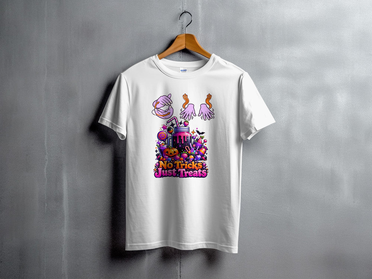 White t-shirt with Halloween graphic and text "No Tricks Just Treats".