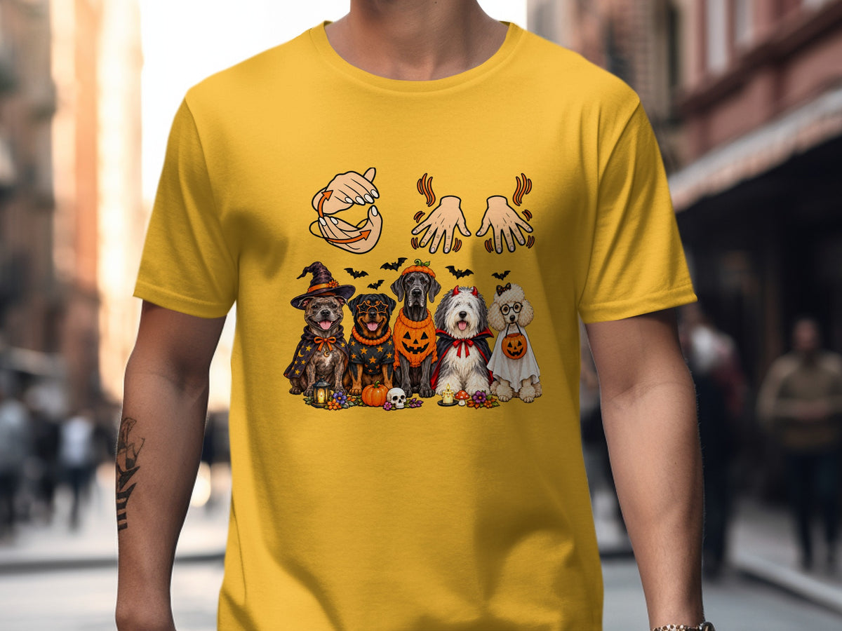 Five dogs in Halloween costumes with bats, pumpkins, and skulls.