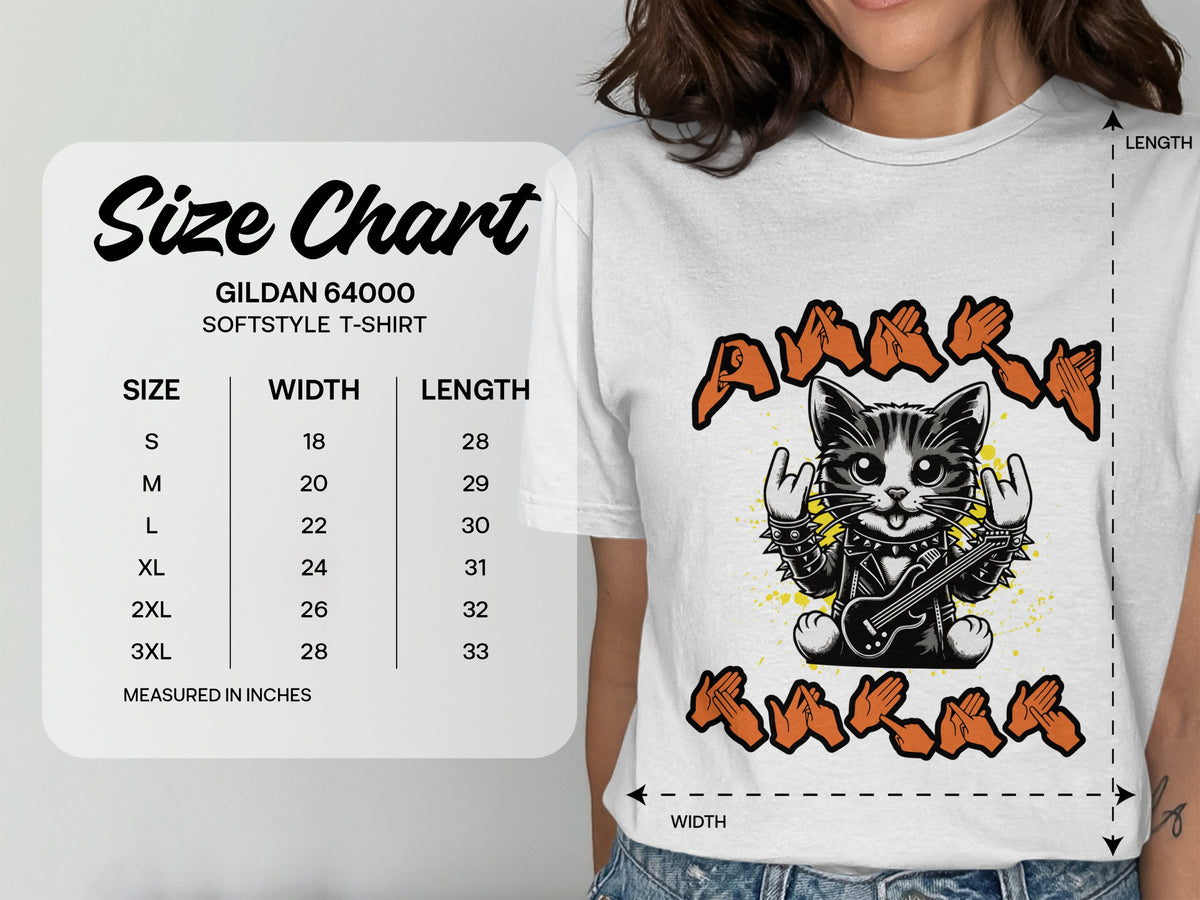 Gildan 64000 Softstyle T-Shirt size chart with rockstar cat graphic.