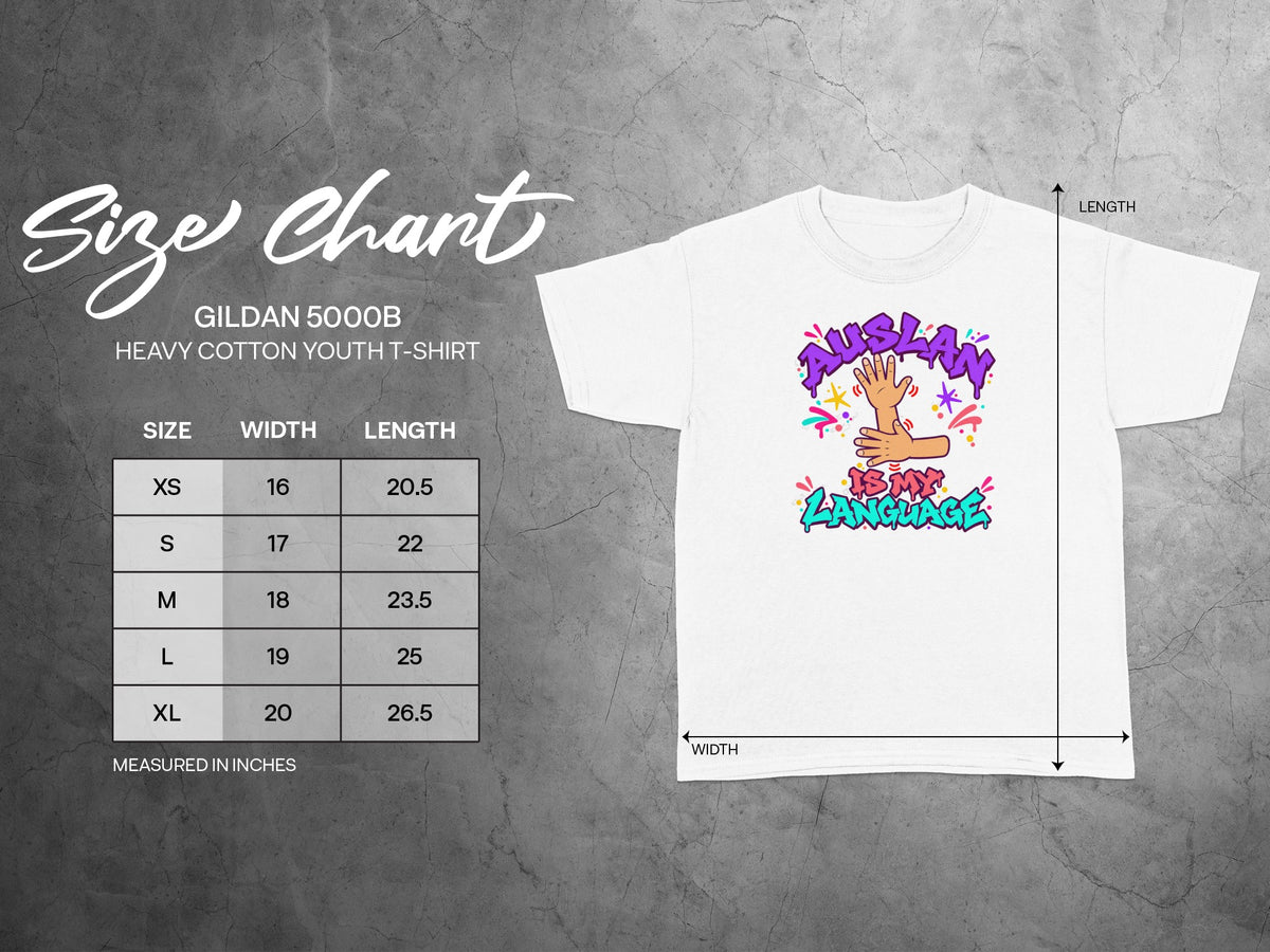 Gildan 5000B youth t-shirt size chart with width and length measurements in inches.
