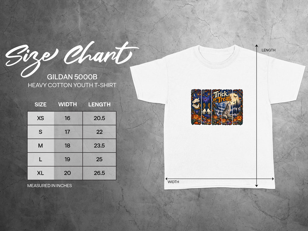 Gildan 5000B youth t-shirt size chart with width and length measurements in inches.
