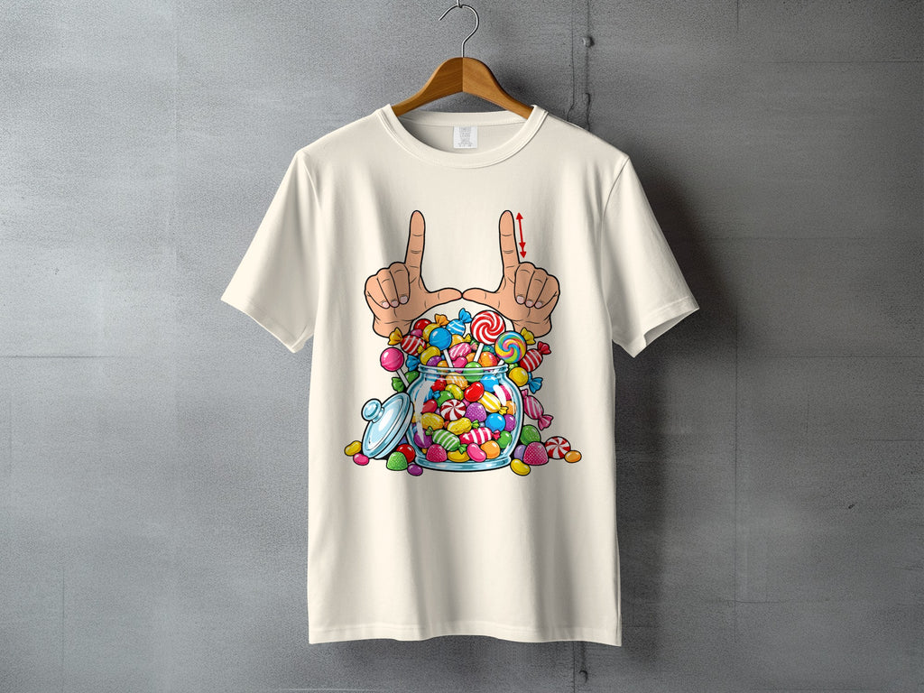 Cream t-shirt with a graphic of hands framing a glass jar full of colorful candies.