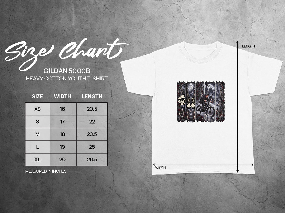 Gildan 5000B Heavy Cotton Youth T-shirt size chart with width and length measurements.
