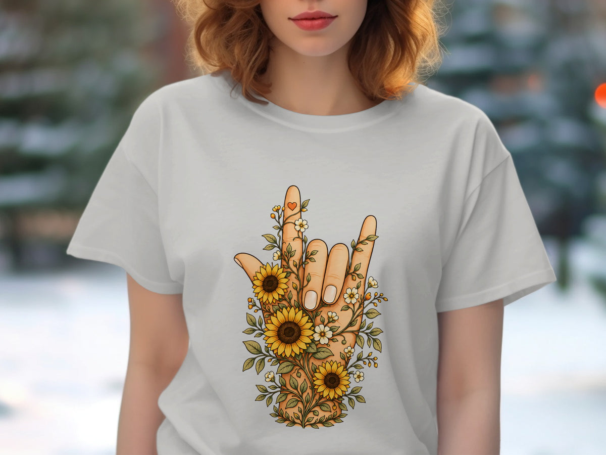White t-shirt with a hand making the 'I love you' sign with sunflowers.