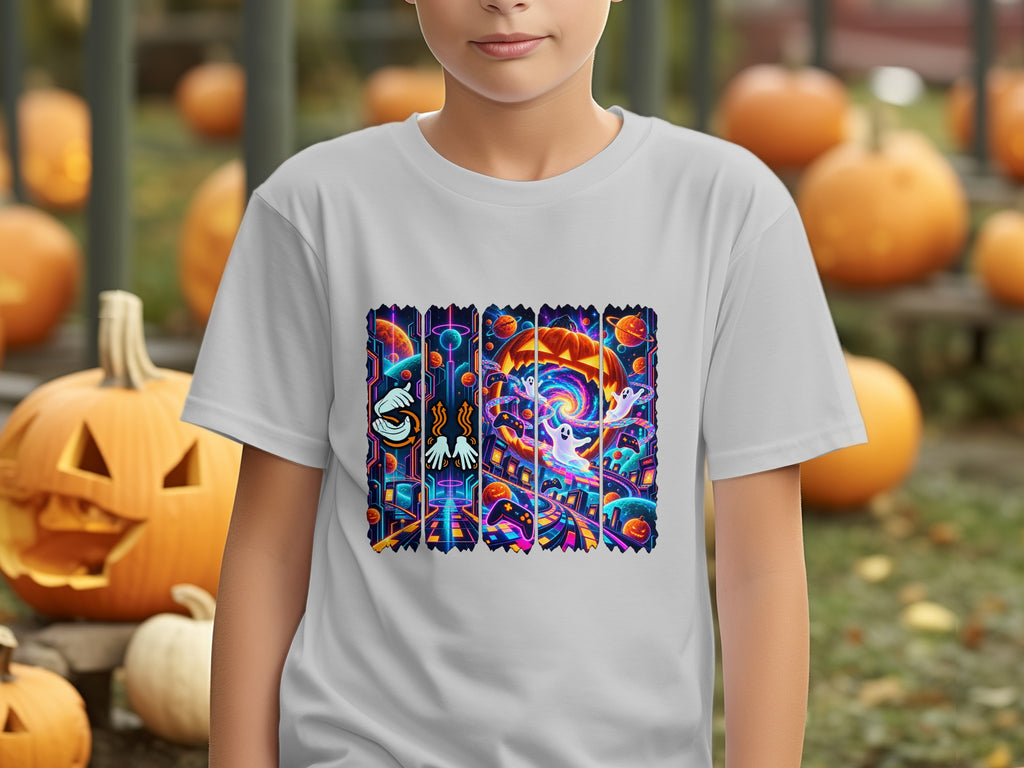 White t-shirt with colorful graphic of ghosts and pumpkins in space.