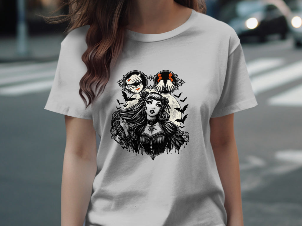 Gothic woman with bats and moon graphic on a t-shirt.