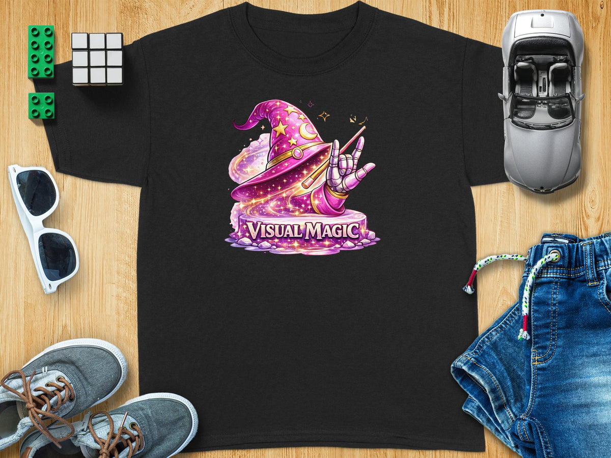 Black t-shirt with "Visual Magic" text and pink wizard hat graphic.