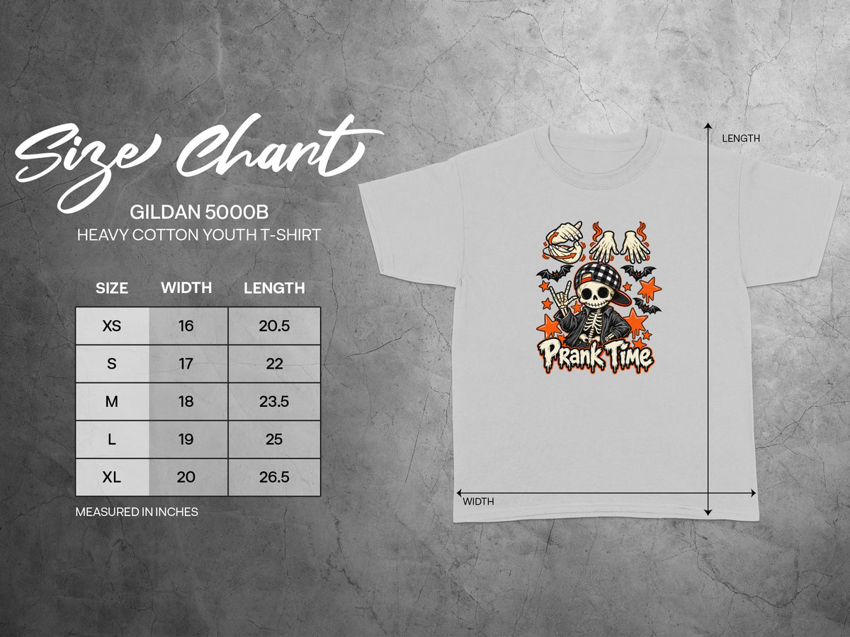 Gildan 5000B youth t-shirt size chart with width and length measurements in inches.