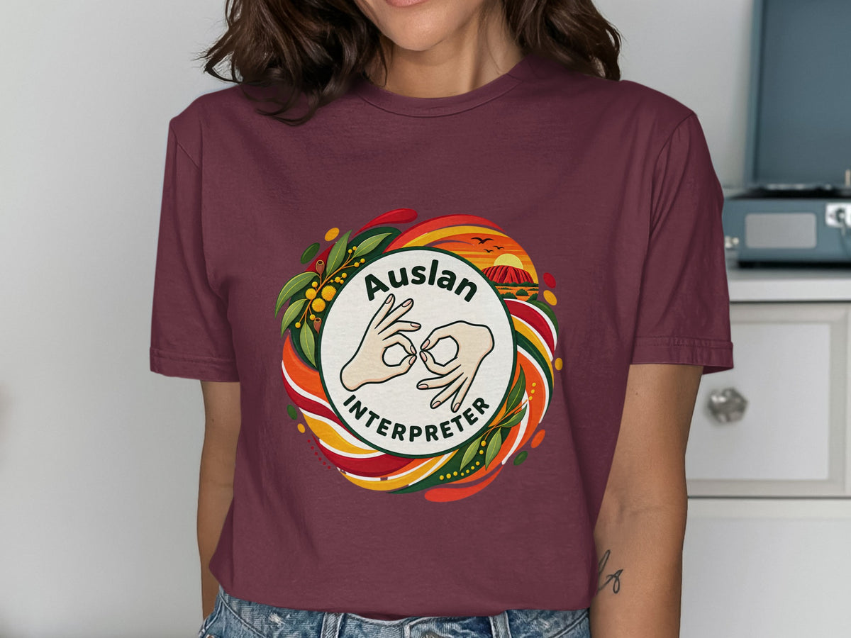 Maroon t-shirt with a circular graphic featuring Auslan hand signs and "Interpreter" text.