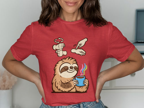 Sloth holding coffee with rainbow steam; two hand sign illustrations above.