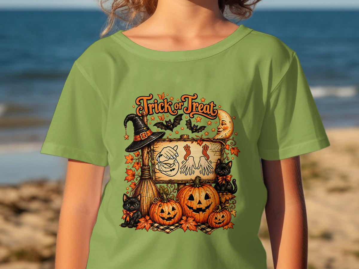 Halloween graphic with pumpkins, black cats, a witch's hat, and "Trick or Treat" text.