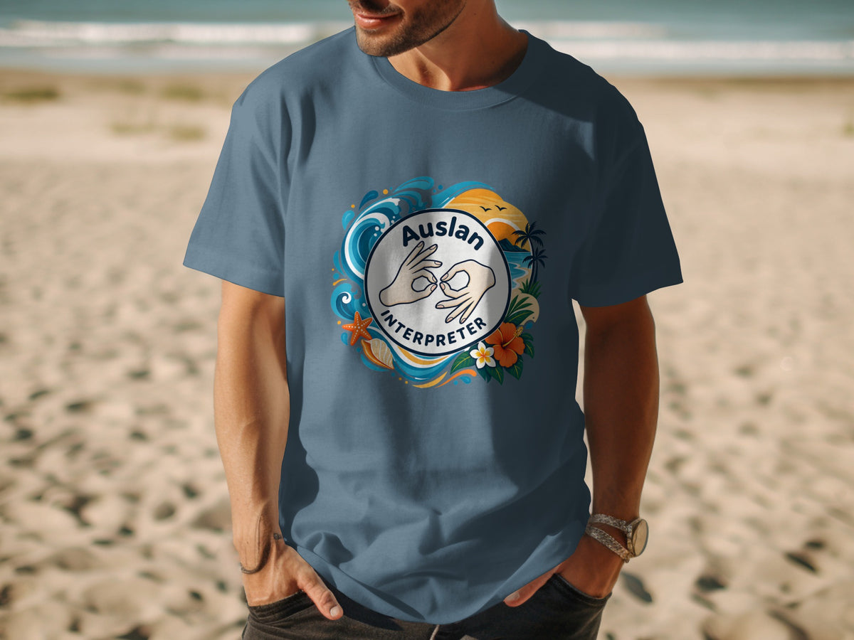 Blue t-shirt with Auslan Interpreter graphic featuring hands signing and beach scene.