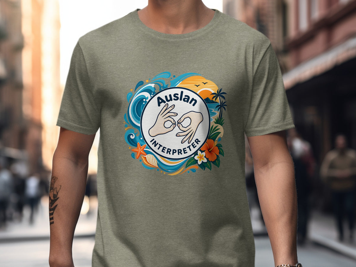 T-shirt graphic with "Auslan Interpreter" text and hand signs, surrounded by beach elements.