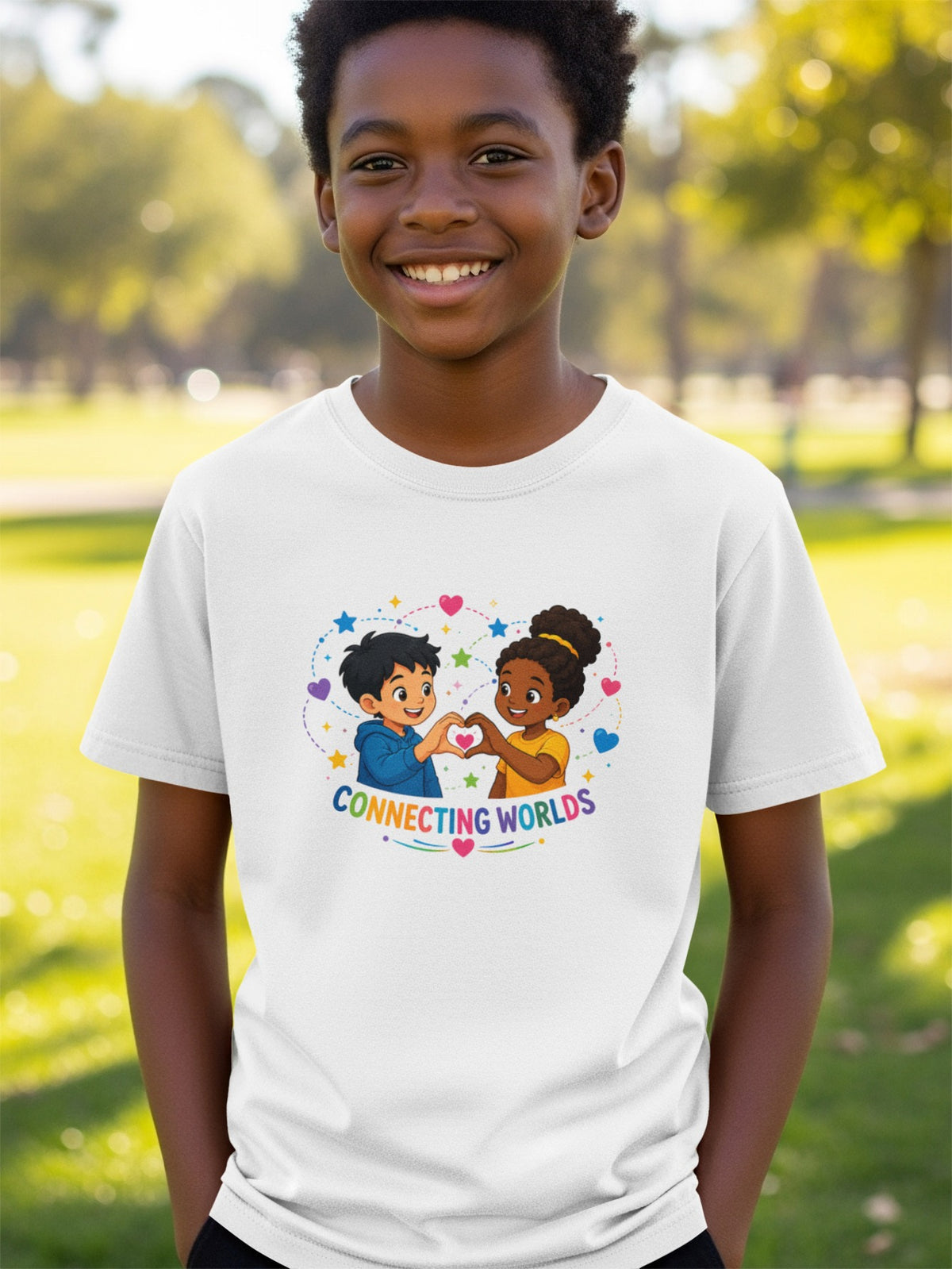 White t-shirt with cartoon of diverse children forming heart with hands, "Connecting Worlds" text.