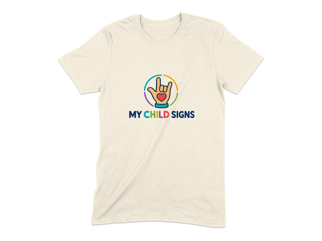 Cream t-shirt with multicolor sign language I Love You logo and text.