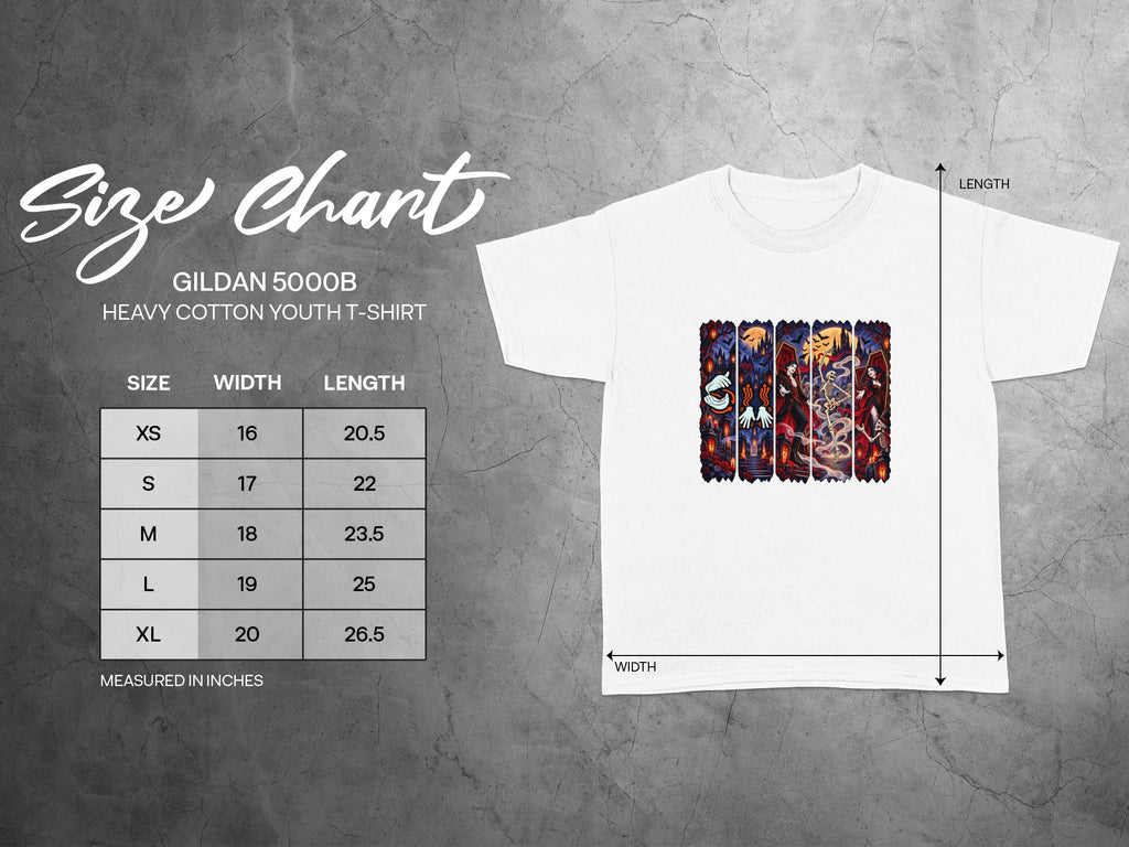 Gildan 5000B youth t-shirt size chart with width and length measurements in inches.