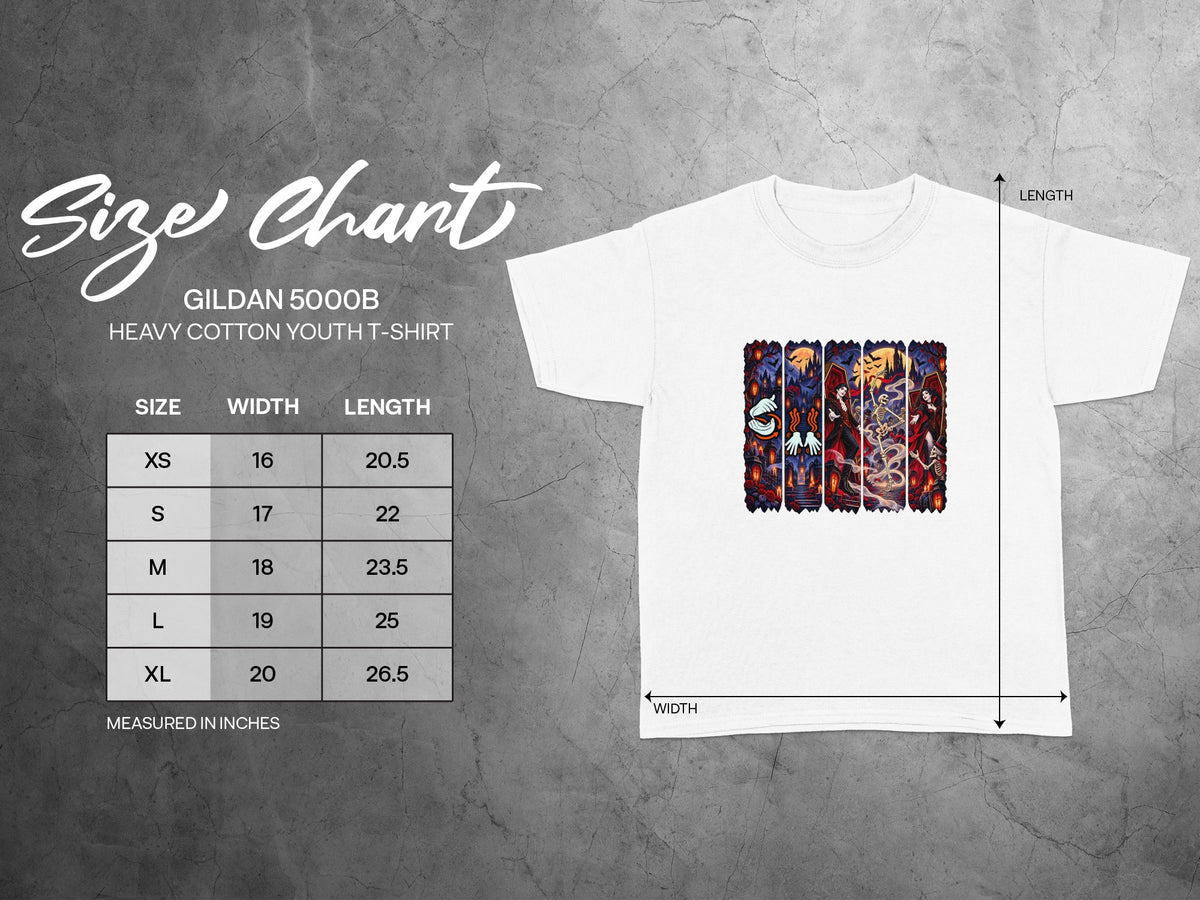 Gildan 5000B youth t-shirt size chart with width and length measurements in inches.