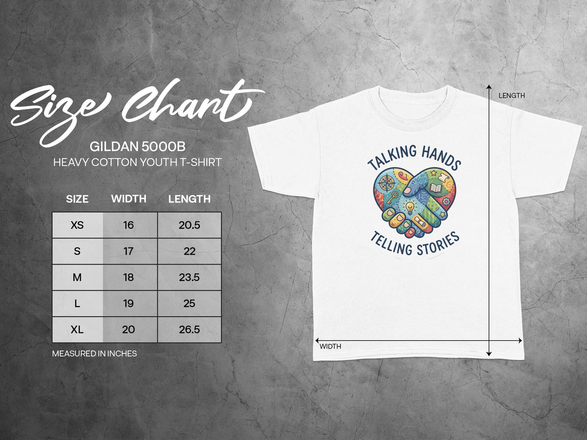 Size chart for Gildan 5000B Heavy Cotton Youth T-Shirt with graphic.