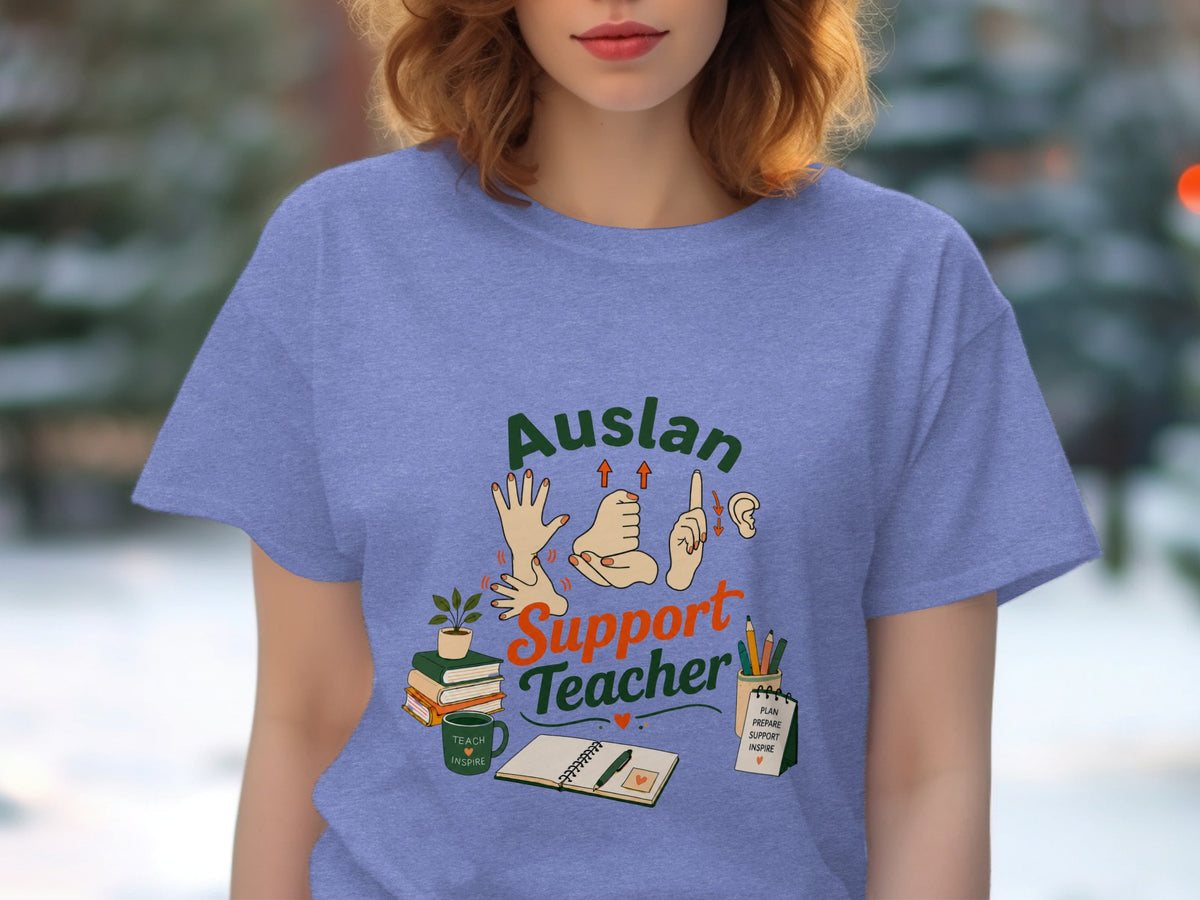 Auslan Support Teacher graphic with sign language, books, mug, notebook, and pencils.