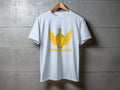 White t-shirt with yellow wings and middle finger graphic, text reads "MY HANDS TALK TOO".