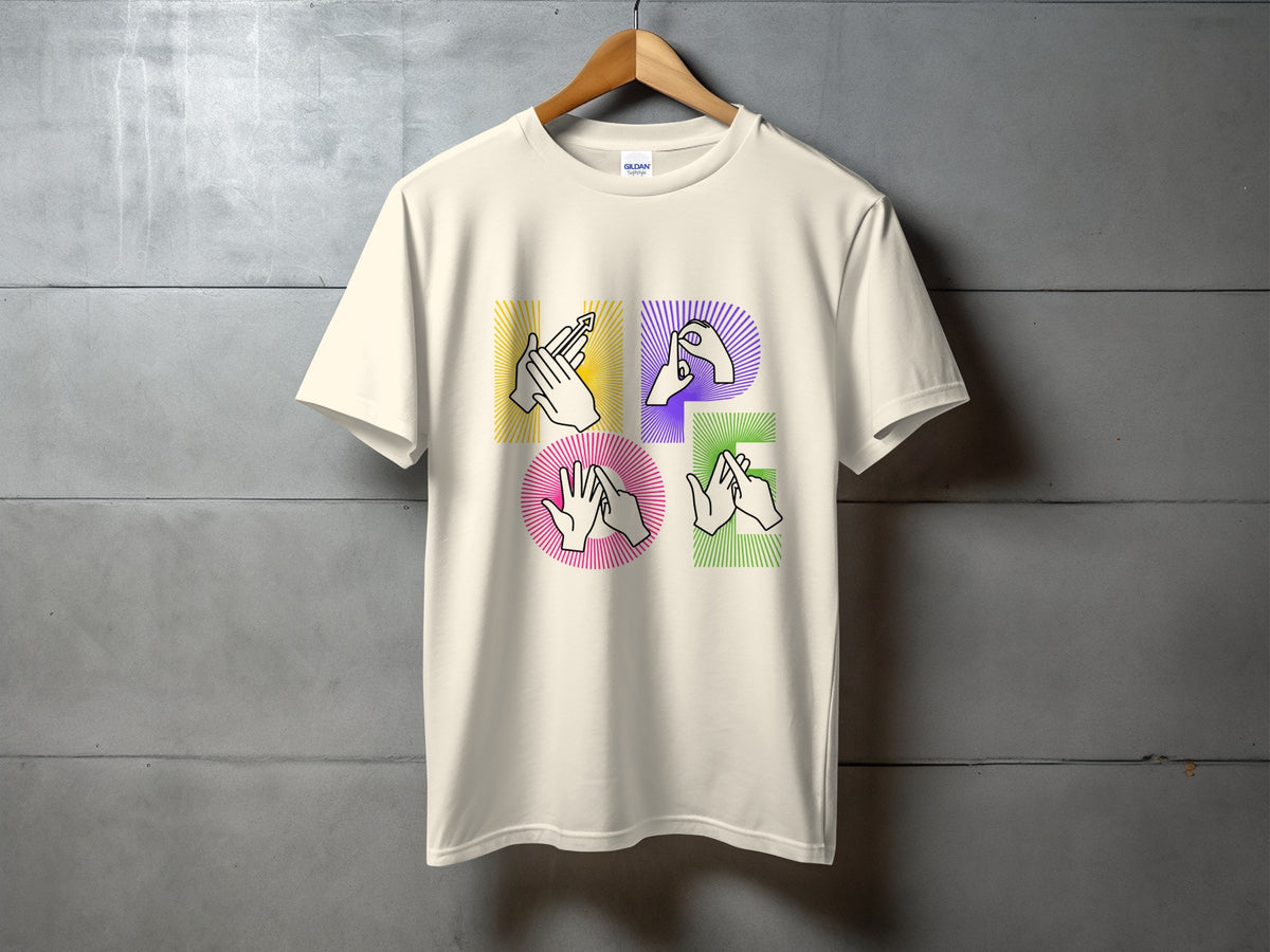 Cream t-shirt with "HOPE" spelled out using sign language hand gestures.