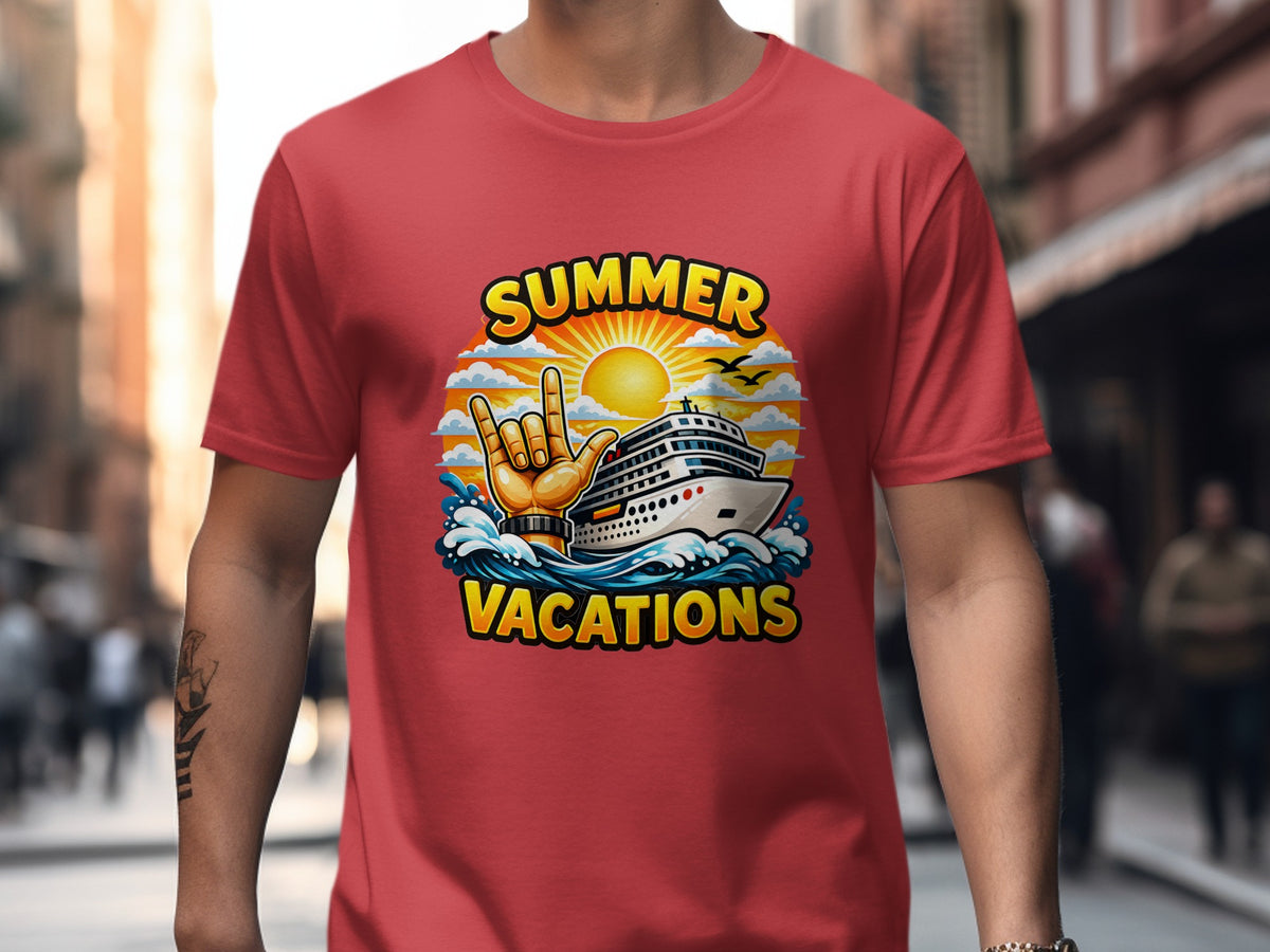 Red t-shirt with "Summer Vacations" graphic featuring a cruise ship and a hand gesture.