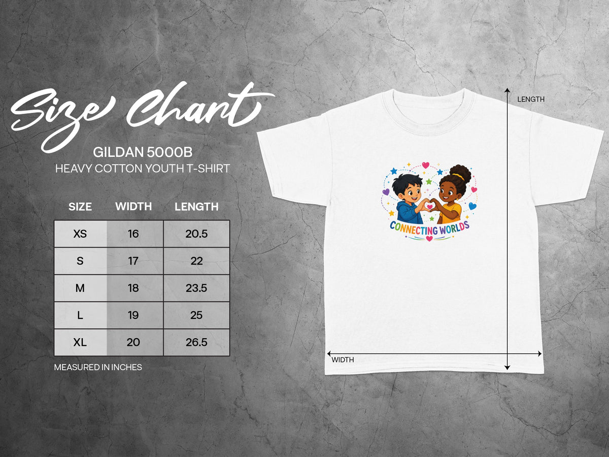 Gildan 5000B youth t-shirt size chart with width and length measurements in inches.