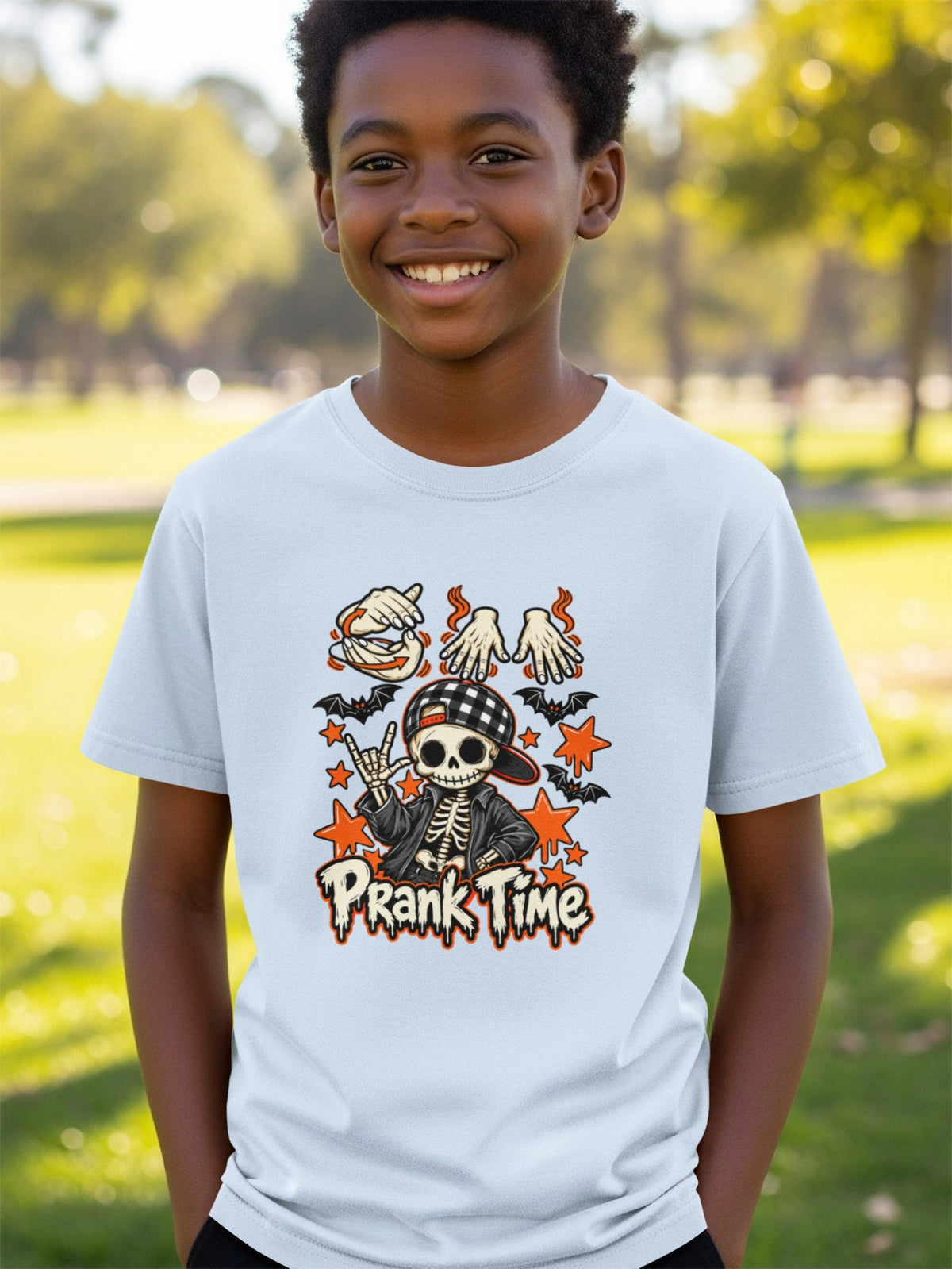 Light blue t-shirt with skeleton graphic and "Prank Time" text.