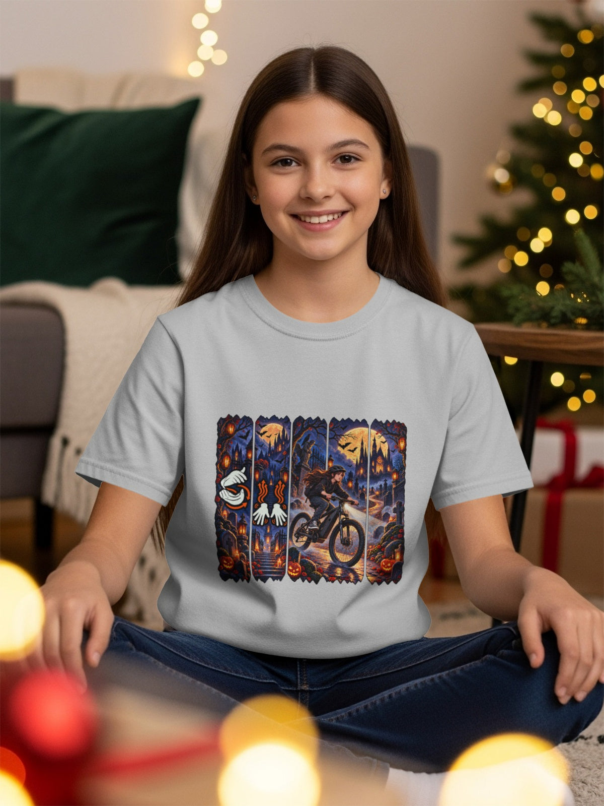 T-shirt with Halloween-themed print of a girl on a bike and spooky elements.