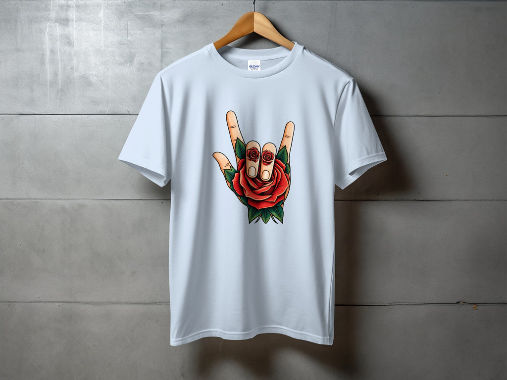 White t-shirt with a hand making a rock-on gesture with roses.