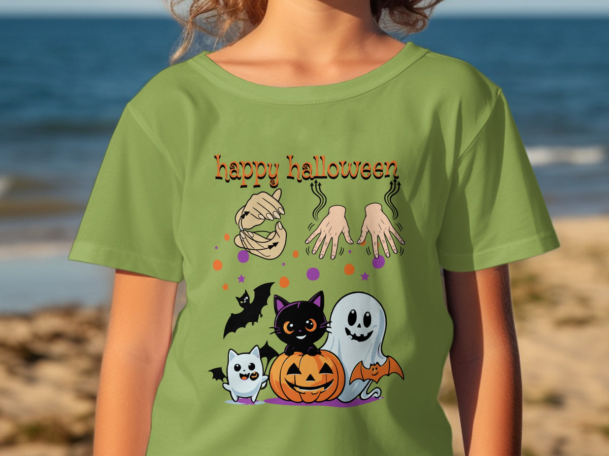 Green t-shirt with "happy halloween" and cartoon cats, ghost, pumpkin, bats, and hands.